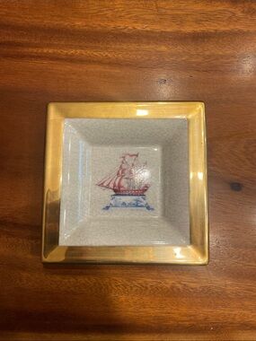 Villeroy and Boch Gold-Rim Square Ceramic Trinket Dish Red Ship Motif -